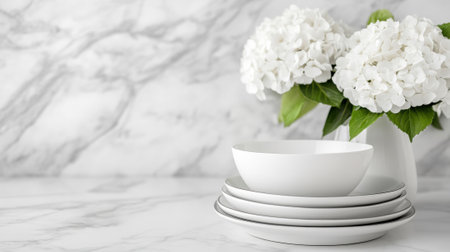 Elegant white tableware with hydrangeas on a marble surface, AIの素材
