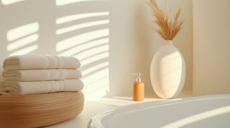 Sunlit bathroom with folded towels, vase, and soap dispenser on a wooden tray, AIの素材