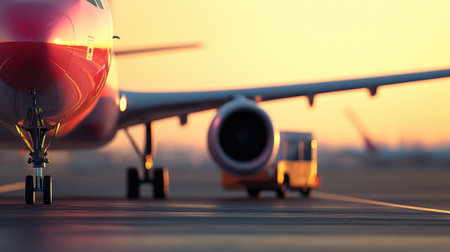 Airplane on runway during a vibrant sunset at an airport, AIの素材
