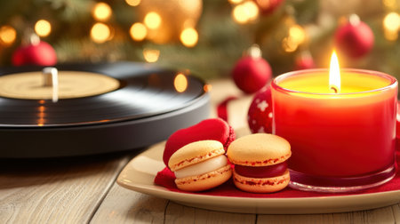 Festive ambiance with macarons, candle, and vinyl record by a Christmas tree, AIの素材