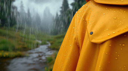 Yellow raincoat in a misty forest, droplets glistening under the rain, AIの素材