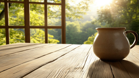 Cozy morning with a rustic mug on a wooden table, bathed in warm sunlight, AIの素材