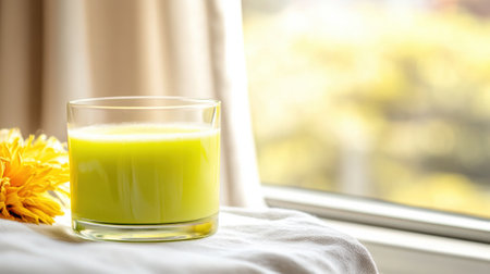 Refreshing glass of green juice by a sunlit window with yellow flowers nearby, AIの素材