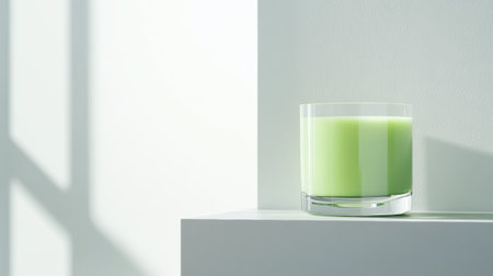 Green candle casting soft shadows in a minimalist setting, AIの素材
