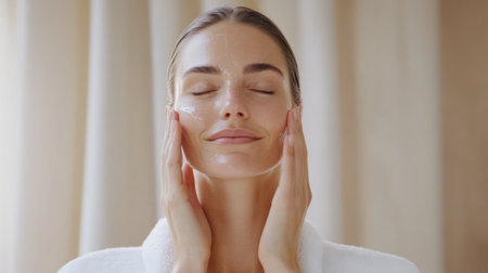 Woman enjoying a refreshing skincare routine with a facial mask, AIの素材