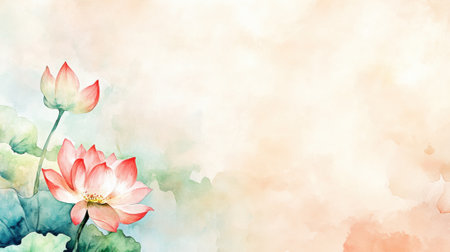 Watercolor lotus flowers with soft pastel background evoke tranquility and elegance, AIの素材