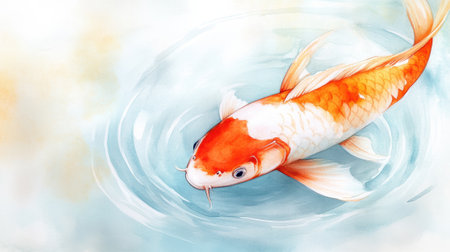 Koi fish gracefully swimming in serene, rippling water, AIの素材