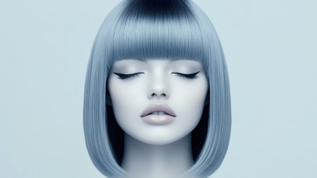 A serene portrait of a woman with sleek, silver hair and closed eyes, AIの素材
