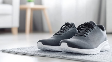 Sleek black sneakers on a soft gray rug in a modern living room setting, AIの素材