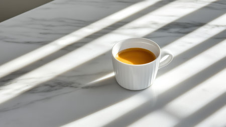 A white coffee cup casts shadows on a sunlit marble table, AIの素材
