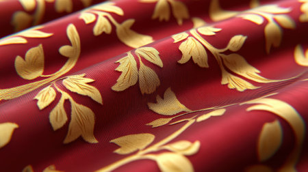 Luxurious red fabric with intricate gold leaf patterns, AIの素材