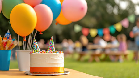 Festive birthday cake with colorful balloons in a sunny outdoor setting, AIの素材