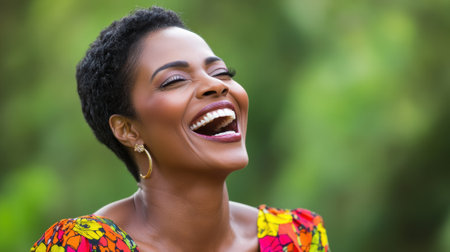 Woman joyfully laughing in vibrant outdoor setting, AIの素材