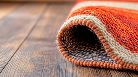 Folded orange and beige woven rug on wooden floor, showcasing texture and craftsmanship, AIの素材