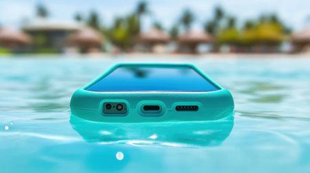Smartphone floating in a pool with a turquoise case, reflecting a sunny day, AIの素材