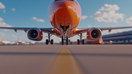 Airplane on runway ready for takeoff under a clear blue sky, AIの素材