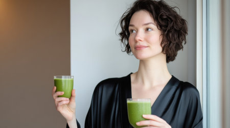 Woman enjoying a healthy green smoothie by the window, AIの素材