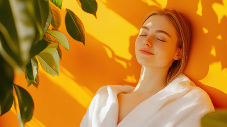 Woman relaxing in sunlight with a serene expression, surrounded by lush greenery, AIの素材