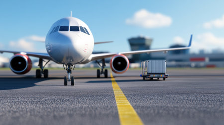 Passenger airplane on runway with luggage cart in the foreground, AIの素材