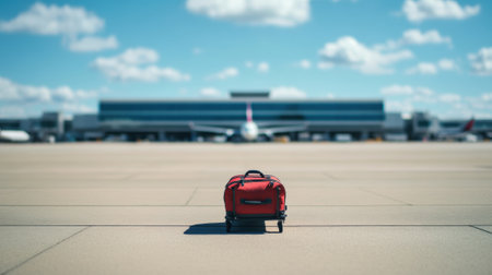 Red suitcase on an empty airport runway under a bright blue sky, AIの素材