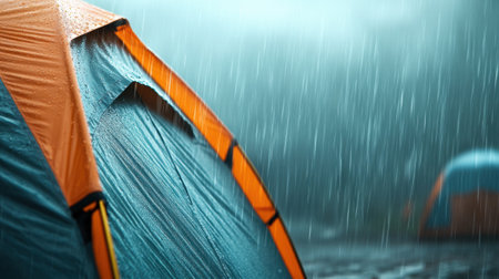 Orange tent in the rain, creating a cozy shelter amidst a misty, forested landscape, AIの素材