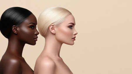 Two women with contrasting skin tones and sleek hairstyles in profile view, AIの素材