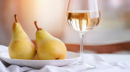 Two ripe pears on a white plate beside a glass of white wine, set on a soft cloth, AIの素材