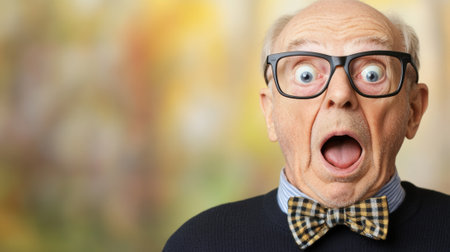 Elderly man with glasses and bow tie expressing surprise against a blurred background, AIの素材