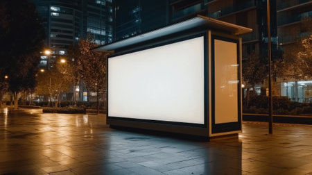 Illuminated billboard in a cityscape at night, surrounded by modern buildings, AIの素材