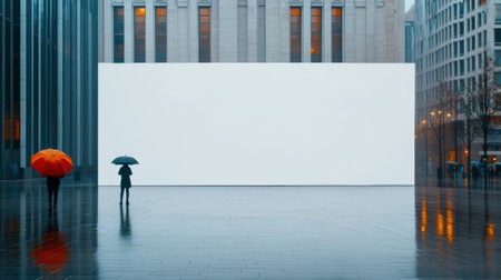 Two people with umbrellas stand before a large white screen in a rainy urban plaza, AIの素材