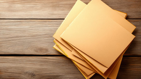Stack of brown envelopes on a wooden table, ready for mailing or organizing documents, AIの素材