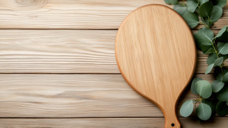 Wooden paddle on rustic table with eucalyptus leaves, creating a natural kitchen vibe, AIの素材