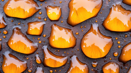 Golden raindrops on a textured surface create a mesmerizing abstract pattern, AIの素材