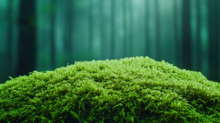 Lush green moss covers a forest floor, creating a serene and tranquil atmosphere, AIの素材