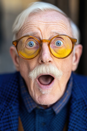Elderly man with glasses expressing surprise and delight, AIの素材