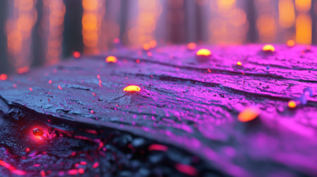 Glowing droplets on a log create a surreal forest scene with vibrant colors, AIの素材