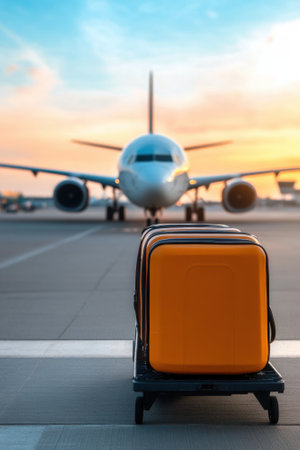 Luggage cart with bright suitcases awaits loading in front of a plane at sunrise, AIの素材