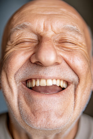 Elderly man laughing with eyes closed, showing joy and happiness, AIの素材