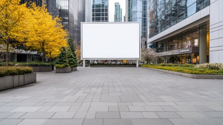 Blank billboard in a modern urban plaza surrounded by skyscrapers and autumn trees, AIの素材