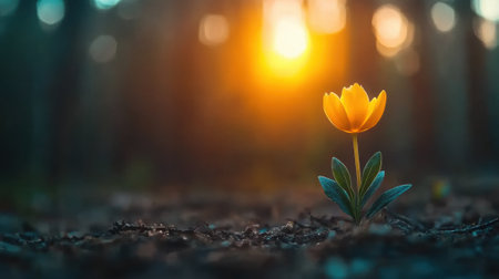 Golden flower basking in the warm glow of a forest sunrise, AIの素材