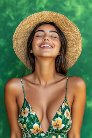 Smiling woman in floral dress and straw hat against a vibrant green background, AIの素材