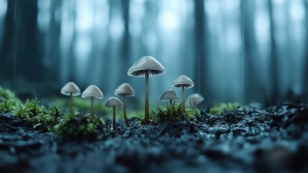 Mushrooms in a misty forest create an enchanting and mysterious atmosphere, AIの素材