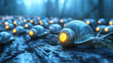 Glowing snails illuminate a mystical forest path at dusk, AIの素材