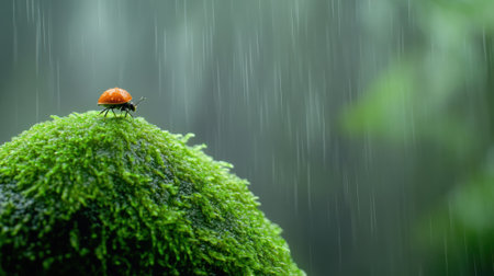 Ladybug perched on vibrant moss in gentle rain, AIの素材