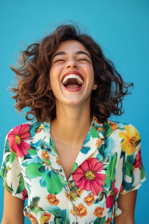 Joyful woman in floral shirt laughing against a vibrant blue background, AIの素材