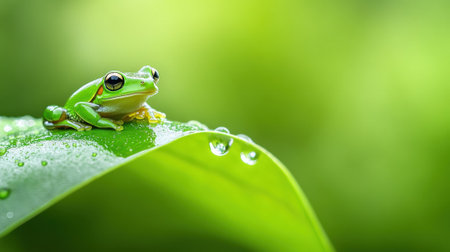 Green tree frog perched on a dewy leaf in a lush, vibrant environment, AIの素材