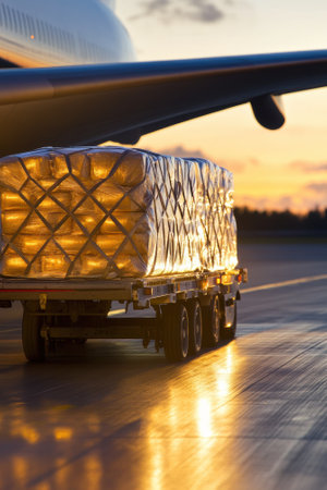 Cargo being loaded onto an airplane at sunset, highlighting global trade logistics, AIの素材