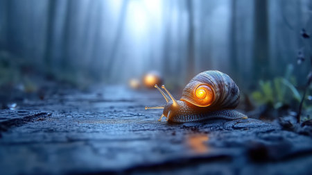 Glowing snails illuminate a misty forest path, creating a magical and mysterious scene, AIの素材