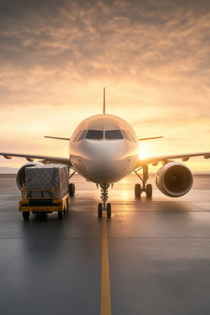 Airplane on runway at sunrise with cargo ready for loading, AIの素材