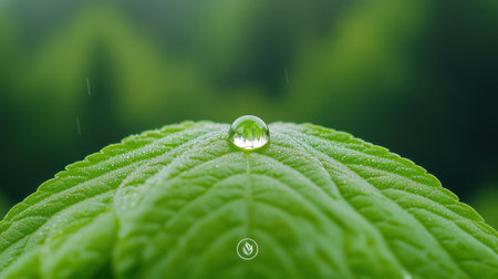 Dewdrop delicately perched on a vibrant green leaf in a lush, blurred background, AIの素材